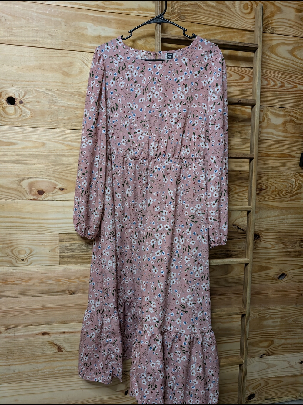SHEIN Dusty Pink Floral Tiered Long Sleeve Maxi Dress